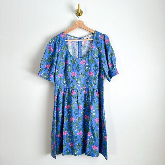 Loft Floral Print Scoop Neck Puff Sleeve Mini Dress Blue 6 - Picture 1 of 10